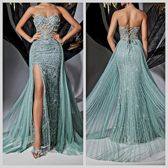 Mint Blue Strapless Sequin Embellished Gown - Picture 2 of 15